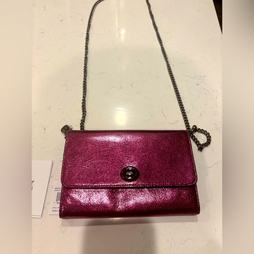 Coach Metallic Burgundy Leather Turn-Lock Crossbody Wallet on Chain